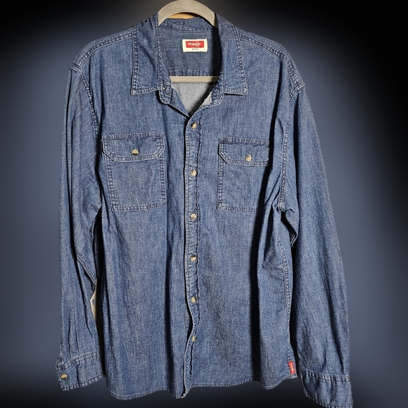Men's Wrangler Denim Button Up Medium Blue with Flap Breast Pockets XL - Picture 3 of 12